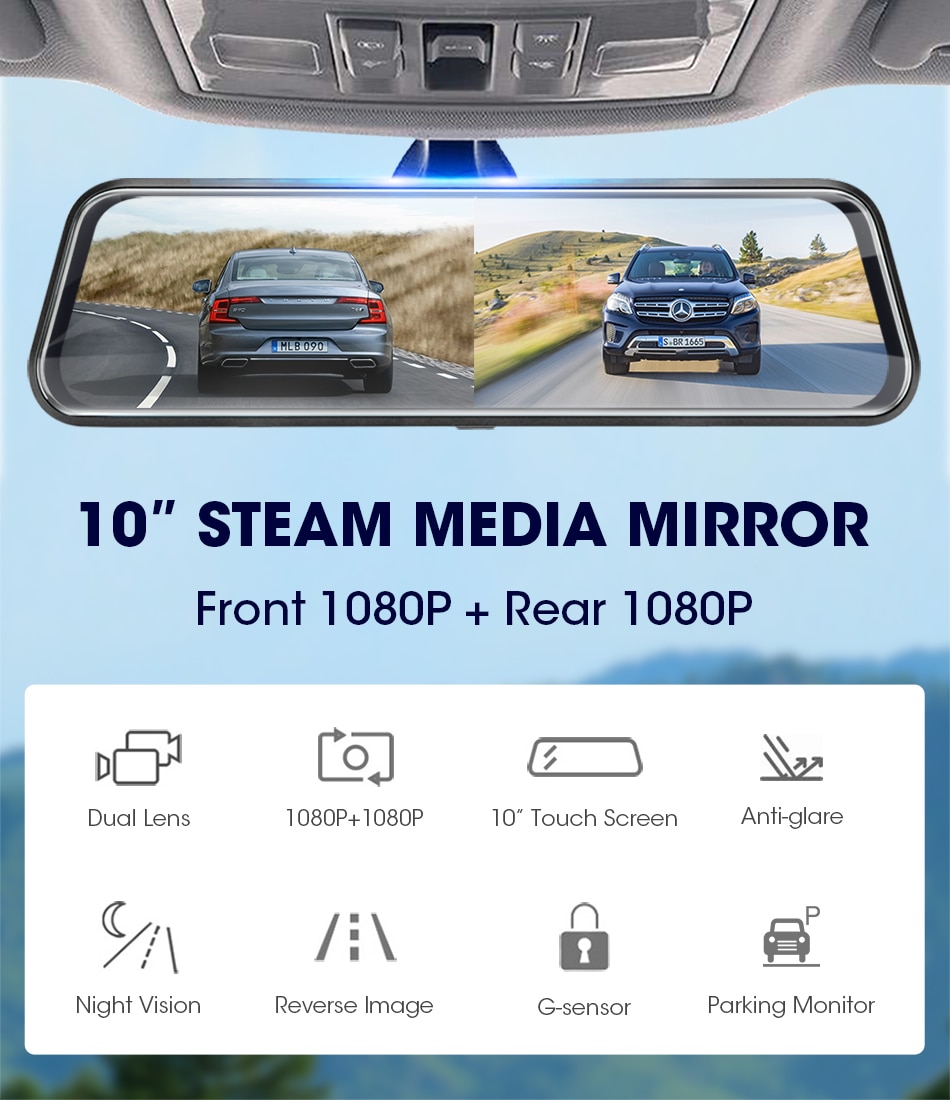 10-inch Touch Screen 1080P Dash camera Dual Lens Video Recorder Rearview mirror