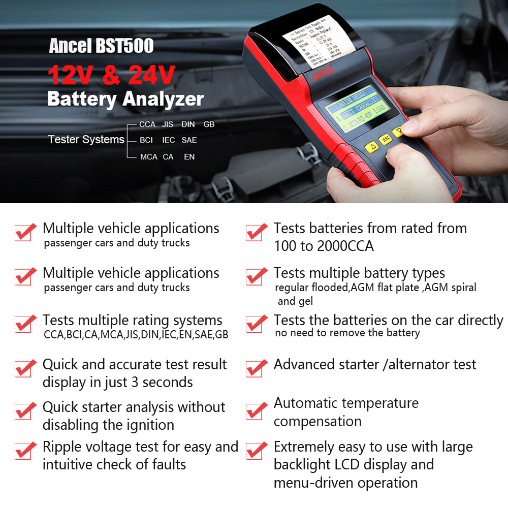 Ancel BST500 12V 24V Car Battery Tester With Thermal Printer