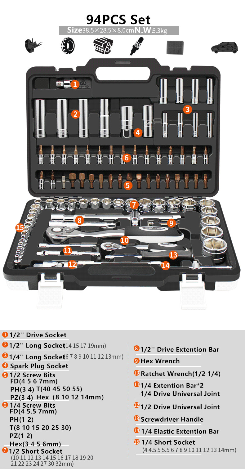 HS Tools 94 PCS Hand Tool Sets Ratchet Spanner Torque Wrench Socket Set Professional Car Repair Tool Box Kits Mechanic Tools