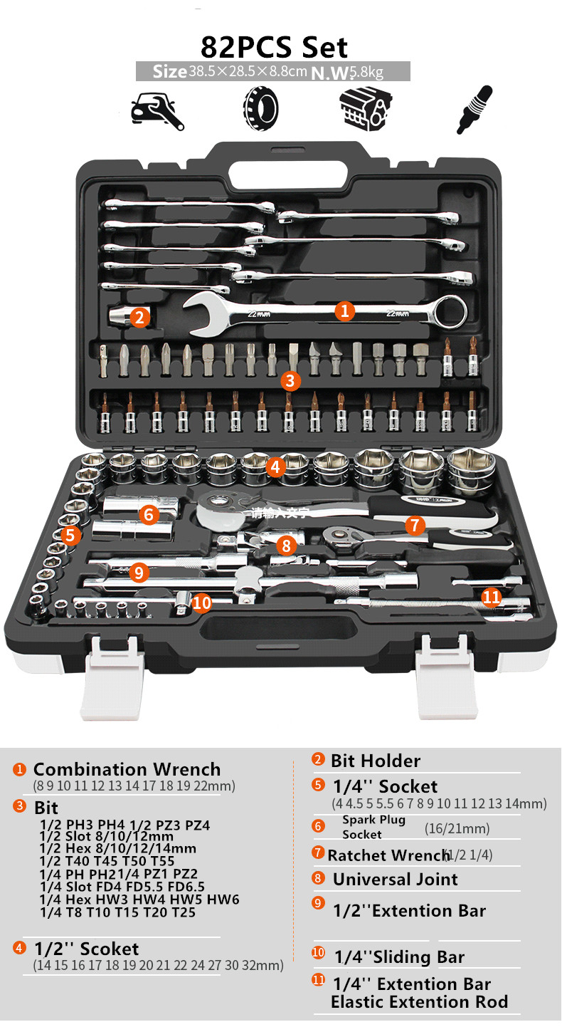 HS Tools 94 PCS Hand Tool Sets Ratchet Spanner Torque Wrench Socket Set Professional Car Repair Tool Box Kits Mechanic Tools