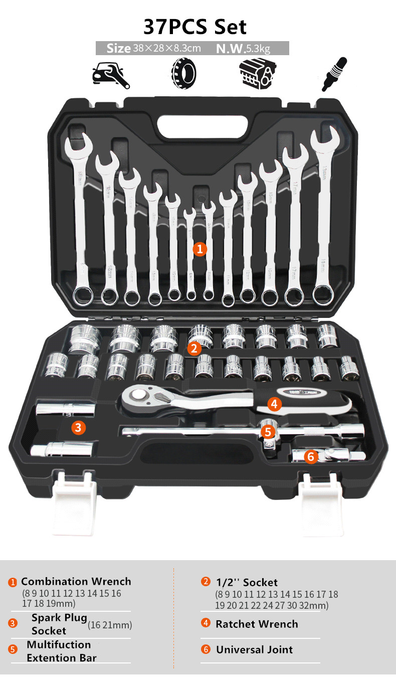 HS Tools 94 PCS Hand Tool Sets Ratchet Spanner Torque Wrench Socket Set Professional Car Repair Tool Box Kits Mechanic Tools