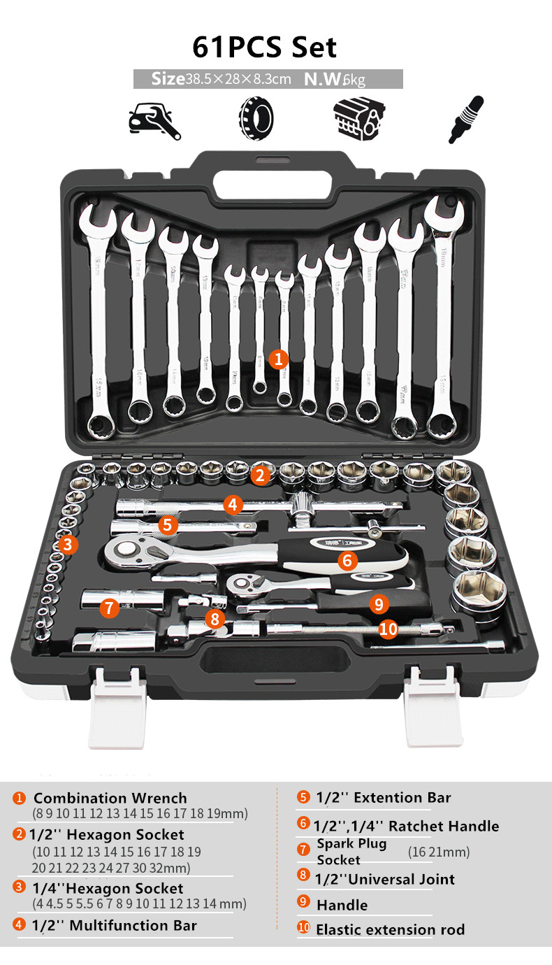 HS Tools 94 PCS Hand Tool Sets Ratchet Spanner Torque Wrench Socket Set Professional Car Repair Tool Box Kits Mechanic Tools