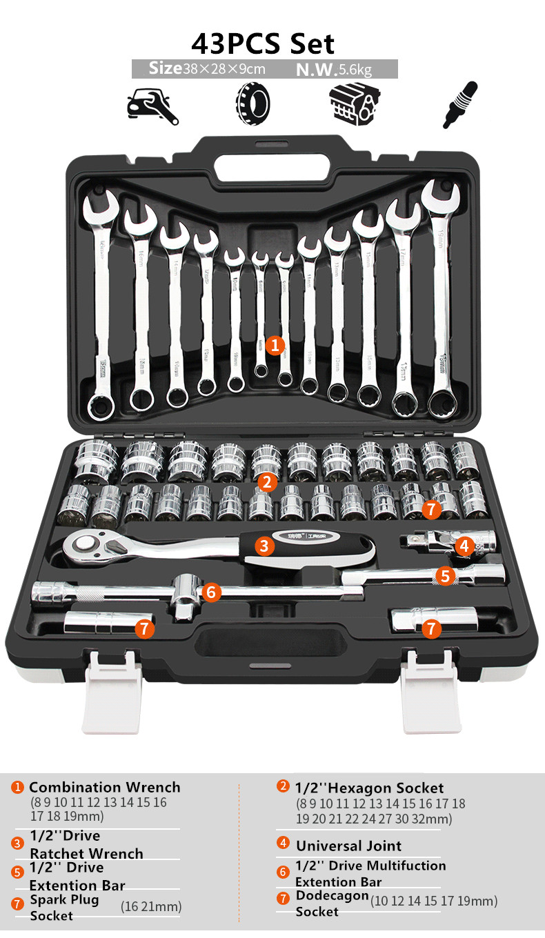 HS Tools 94 PCS Hand Tool Sets Ratchet Spanner Torque Wrench Socket Set Professional Car Repair Tool Box Kits Mechanic Tools