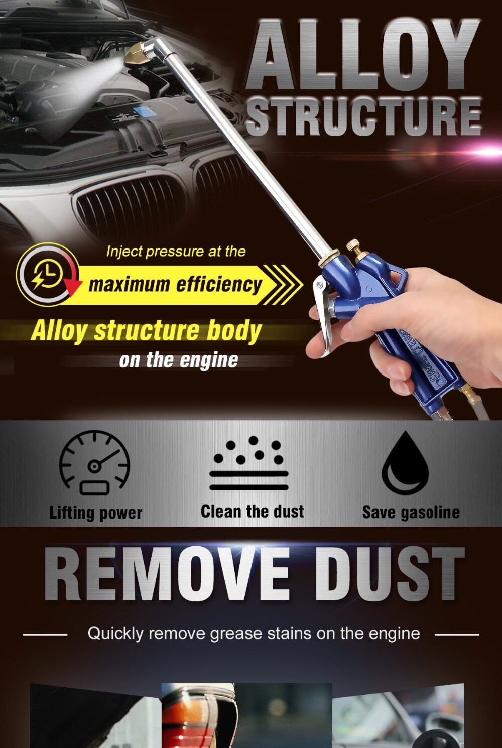 400mm Engine Oil Cleaner Tool Car Auto Water Cleaning Gun Pneumatic Tool with 120cm Hose Machinery Parts Alloy Engine Care