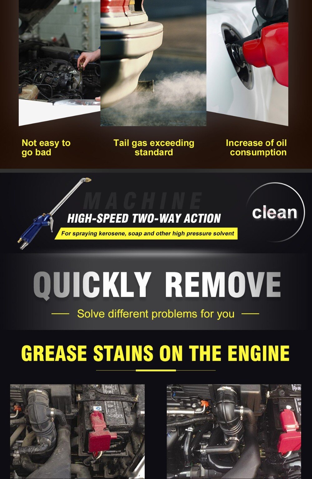 400mm Engine Oil Cleaner Tool Car Auto Water Cleaning Gun Pneumatic Tool with 120cm Hose Machinery Parts Alloy Engine Care