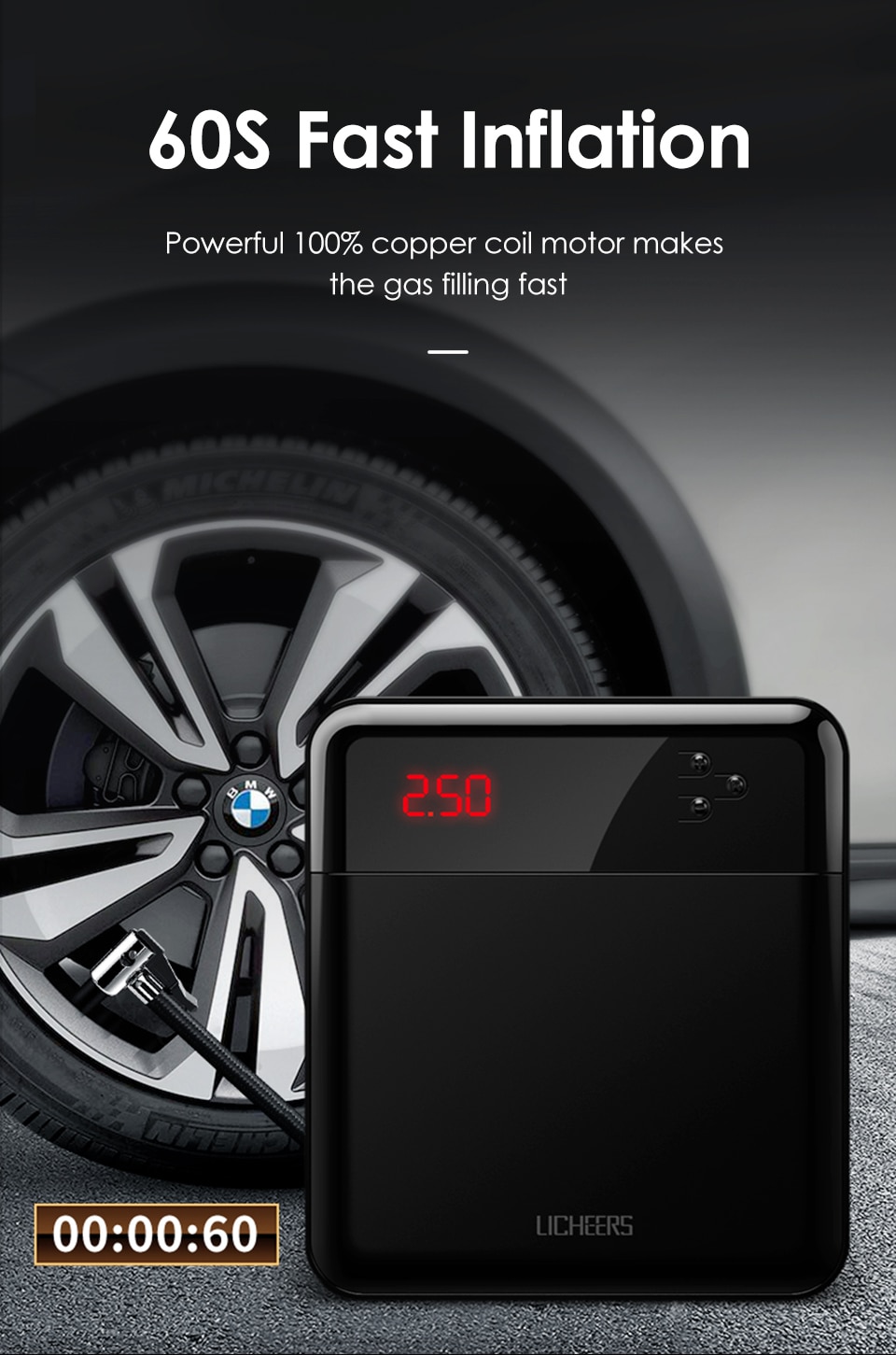 Licheers Car Air Compressor Intelligent Auto Tire Fast Inflatable Pump Mini Portable Electric Car Tyre Inflator Compresor Licheers Car Air Compressor Intelligent Auto Tire Fast Inflatable Pump Mini Portable Electric Car Tyre Inflator Compresor